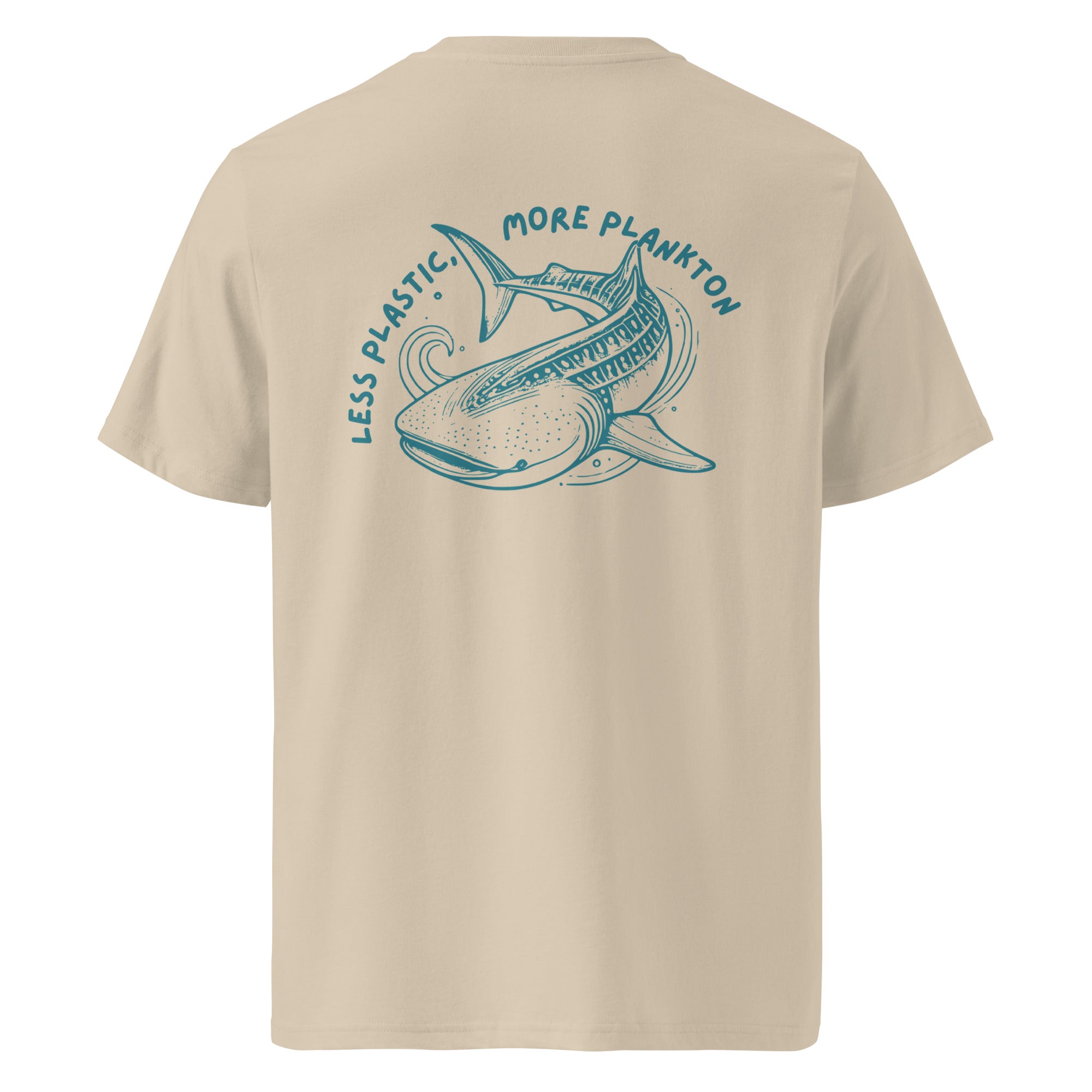 "Less Plastic, More Plankton" Whale Shark Organic Cotton Conservation Shirt – back view – sustainable organic cotton tee with marine life print and soft feel