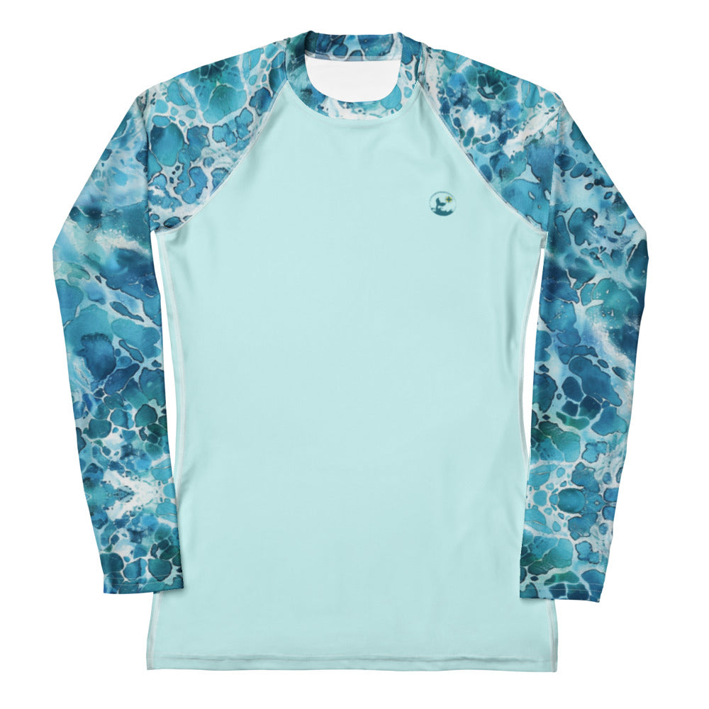 Product mockup of Ocean Serenity Women's Rash guard, rash guard for scuba divers with UV sun protection, UPF 50+