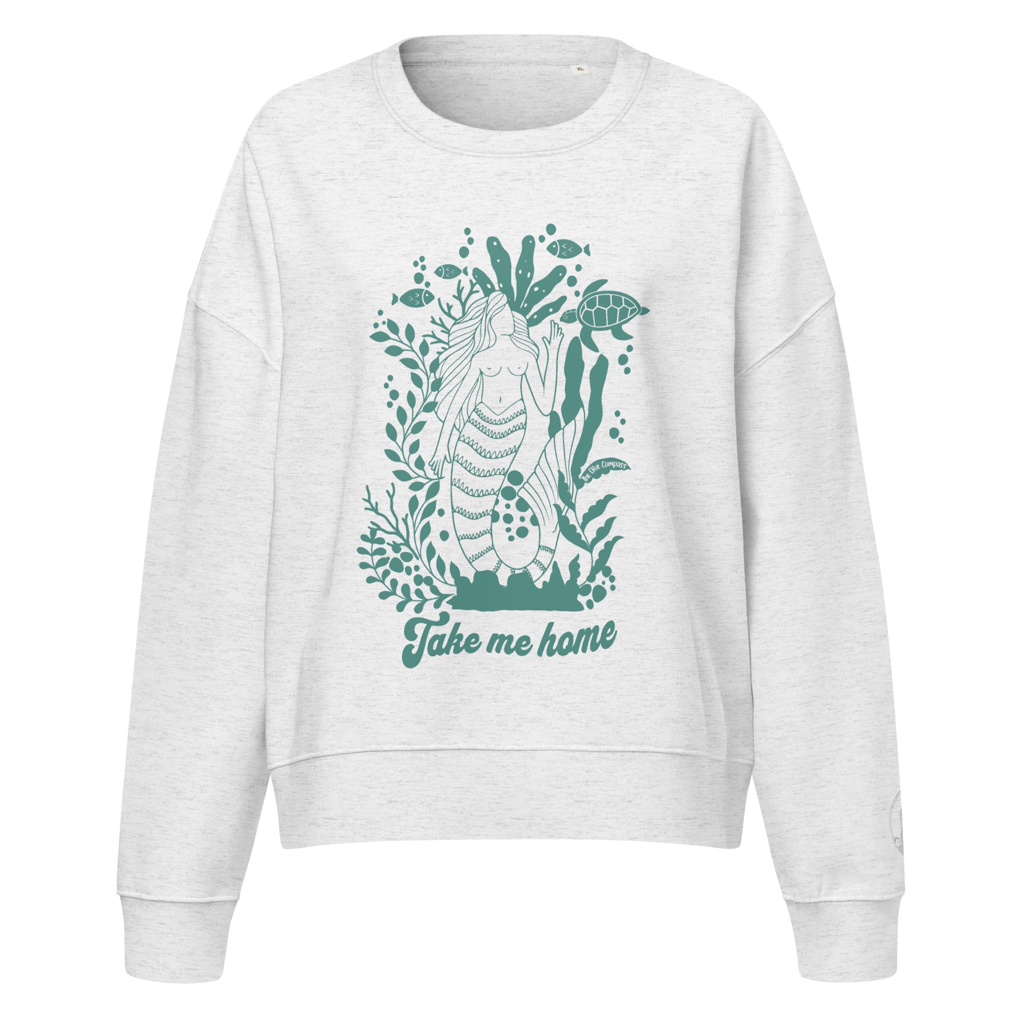 "Take Me Home" Mermaid Organic Cotton Sweatshirt – front view – cozy organic cotton sweatshirt for divers, snorkelers, and ocean days