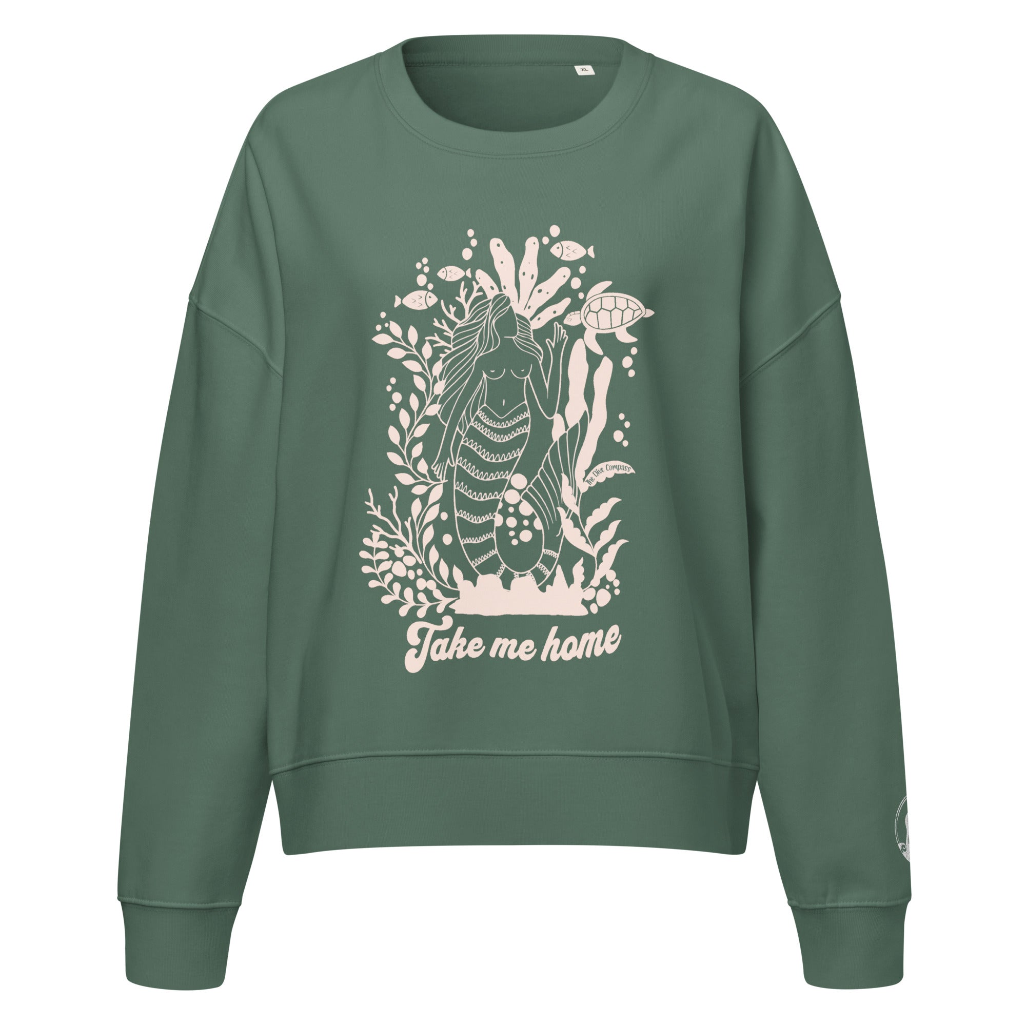 "Take Me Home" Mermaid Organic Cotton Sweatshirt – front view – ocean conservation sweatshirt in soft organic cotton for divers