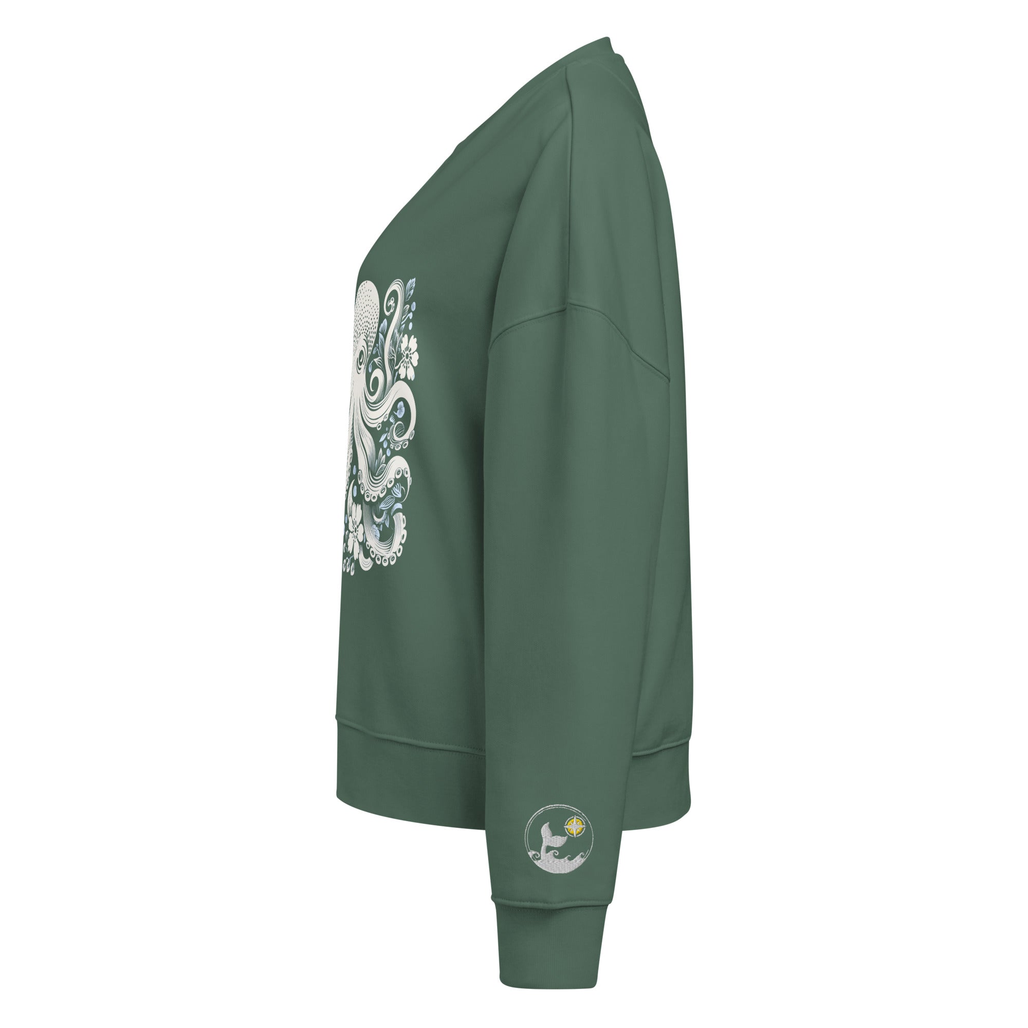 Octopus Bloom Women's Organic Cotton Sweatshirt – left side view – women's organic cotton sweatshirt with marine life print and cozy feel