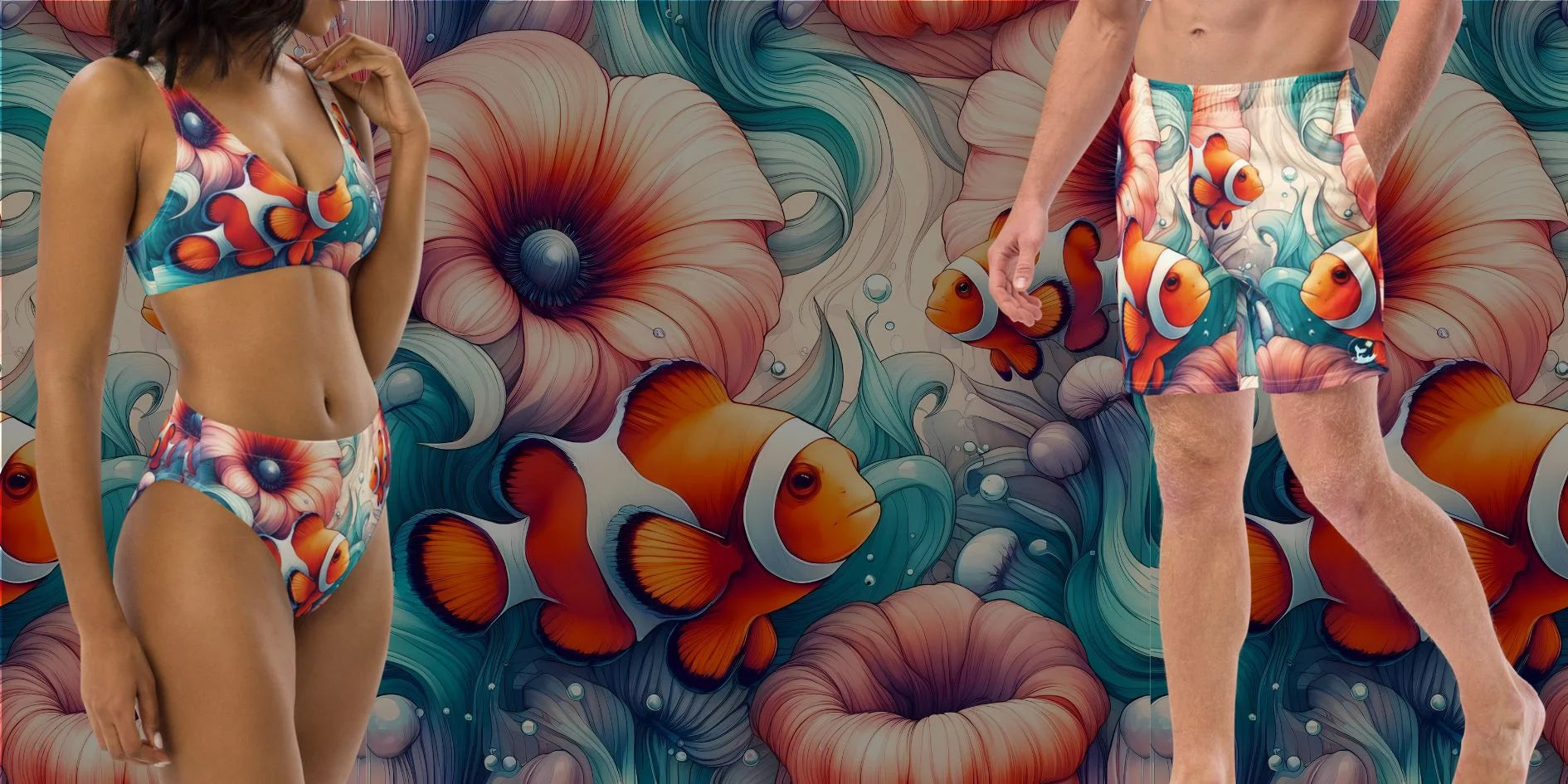 Clownfish Garden Swimmer Collection. Woman is wearing a clownfish swimsuit. Man is wearing clownfish swim trunks. The Clownfish Garden swimwear collection shows beautiful clownfish and flowers. Perfect for any snorkeler, diver, or ocean lover. 