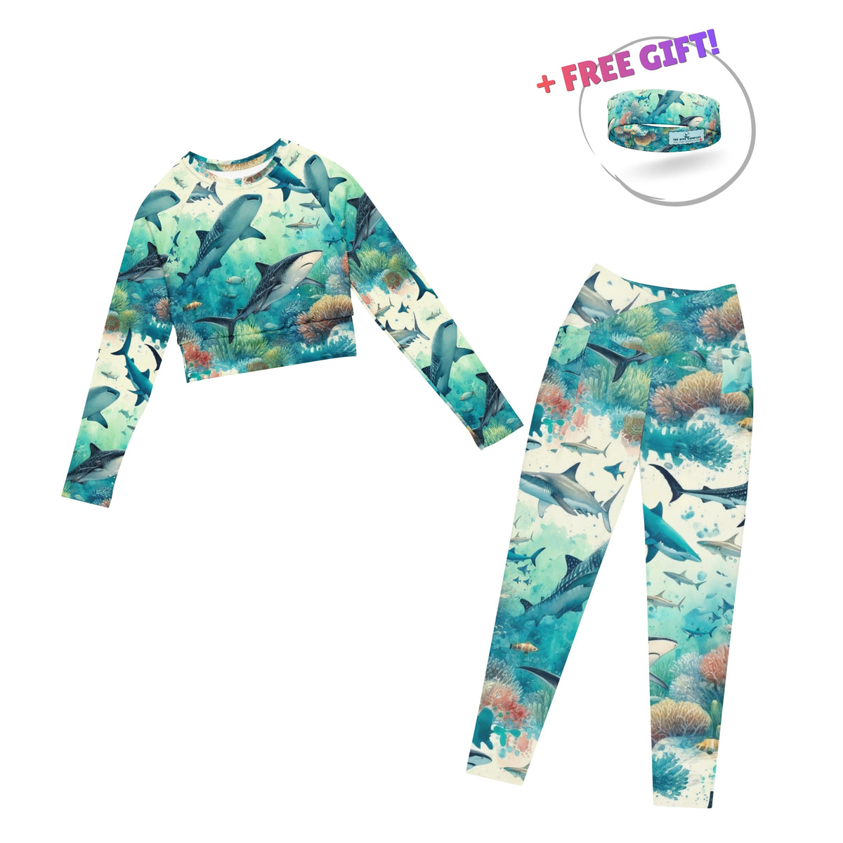 Dive Skins Set - Cropped Rashie + Scuba Leggings (with Pockets!) - Shark Frenzy