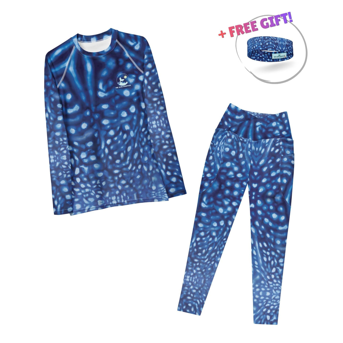 Dive Skins Set - Rash Guard + Scuba Leggings (with Pockets!) - Blue Whale Shark Constellation