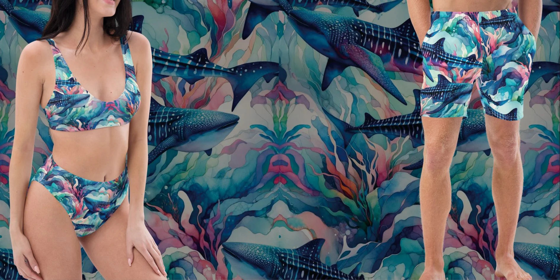 Electric Whale Shark swimwear print by The Dive Compass. Woman is wearing an electric Whale Shark scuba bikini while man is wearing electric Whale Shark swim trunk bottoms. Electric Whale Shark print in the back. Whale Shark print for scuba divers, snorkelers, and ocean lovers. Share your love of the sea. Show off your love of the sea to your friends. 