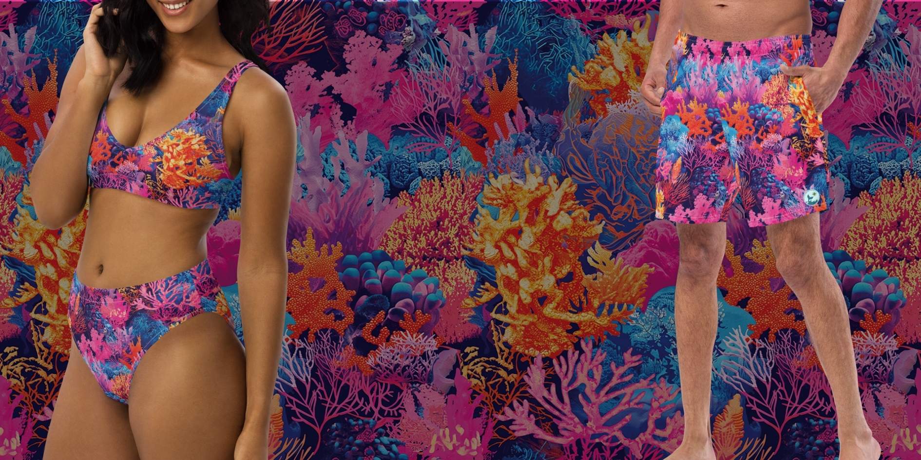 Fire Corals Swimmer Collection by The Dive Compass. Woman is wearing a bright coral reef swimsuit. Swim state man is wearing a bright coral reef swimsuit. Some trunks. Every order plans corals. 
