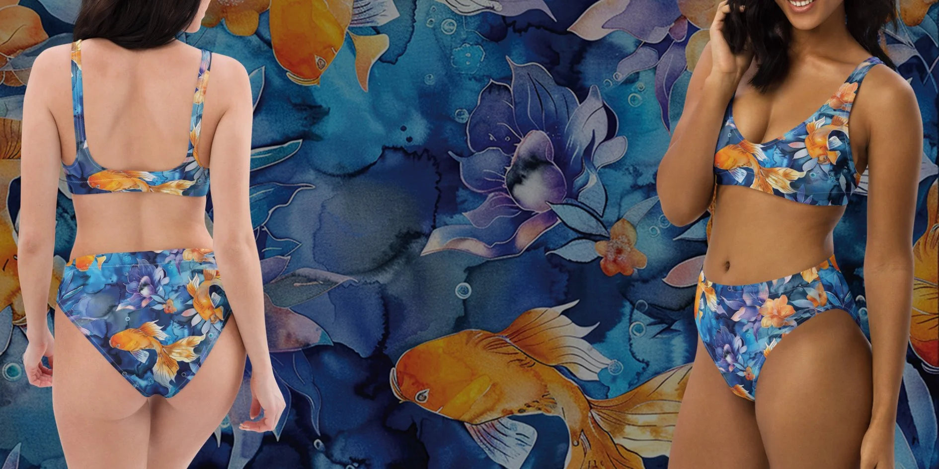 Jasmine Koi swimwear collection by The Dive Compass. Two women are wearing floral swimsuits with golden koi, made for ocean lovers, swimmers, snorkelers, and divers. 
