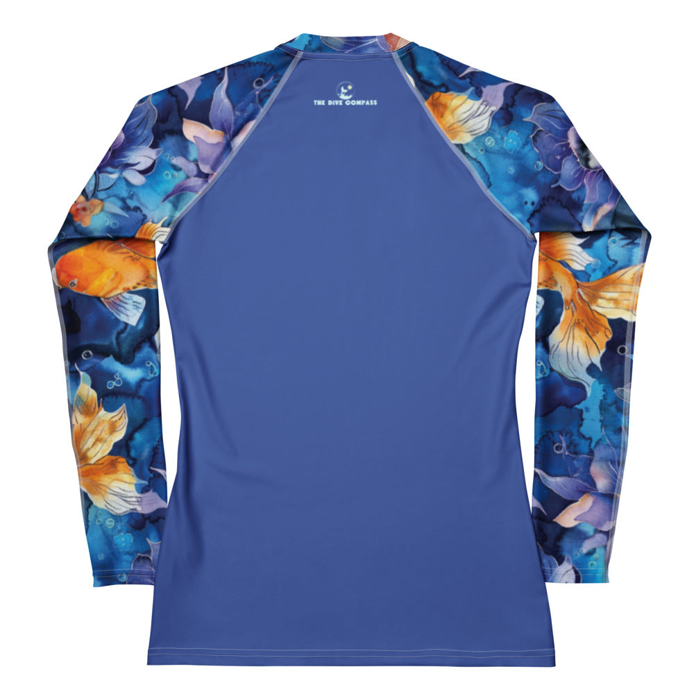 Jasmine Koi Women's Rash Guard for scuba divers. Purple Rash Guard for scuba divers, free divers, and snorkelers. UV Rash Guard with full UPF sun protection. 