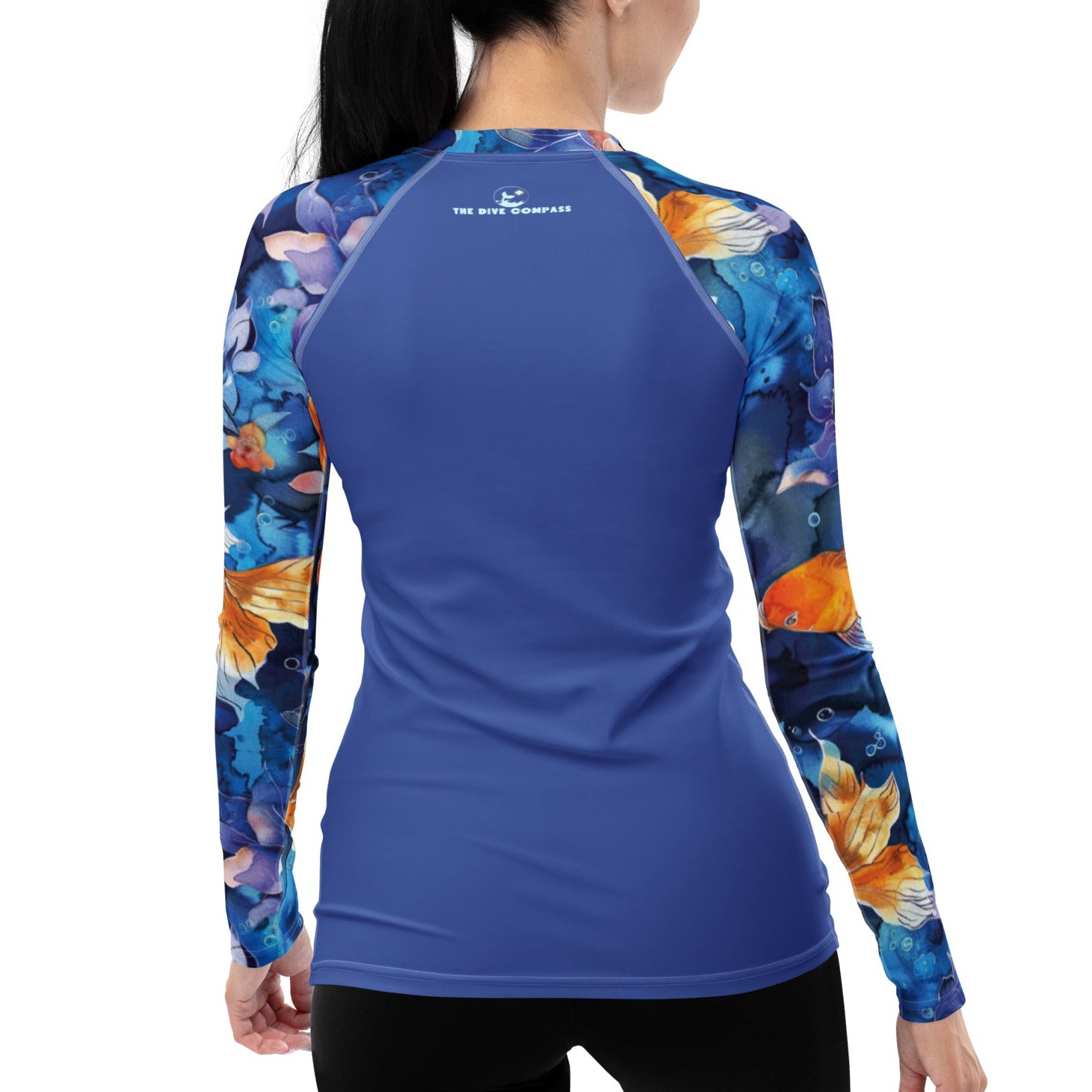 Jasmine Koi Women's Rash Guard for scuba divers. UV rash guard with full sun protection. UPF 50+. Dive skin and sun shirt. Purple rash guard for scuba divers, free divers, and snorkelers. 