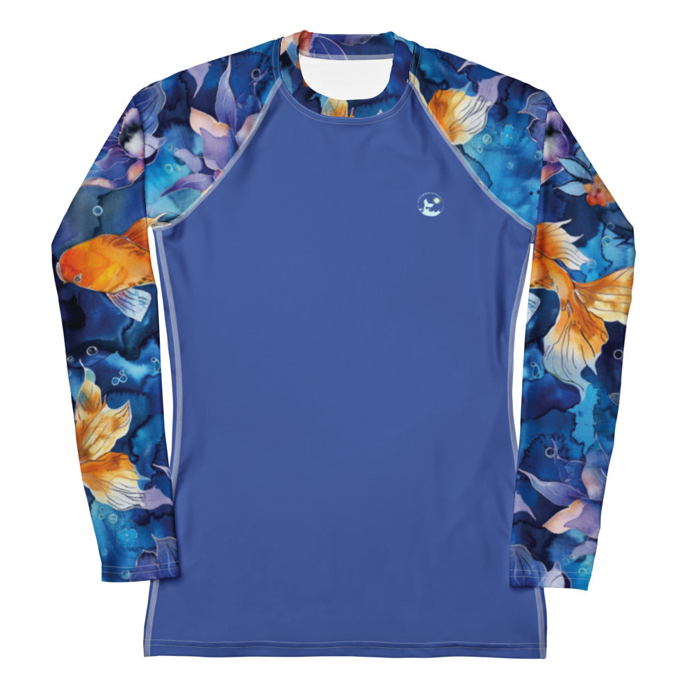 Jasmine Koi Women's Rash Guard Product Mockup Front. UV Rash Guard with Full Sun Protection UPF 50+. Dive Skin and Sun Shirt. 