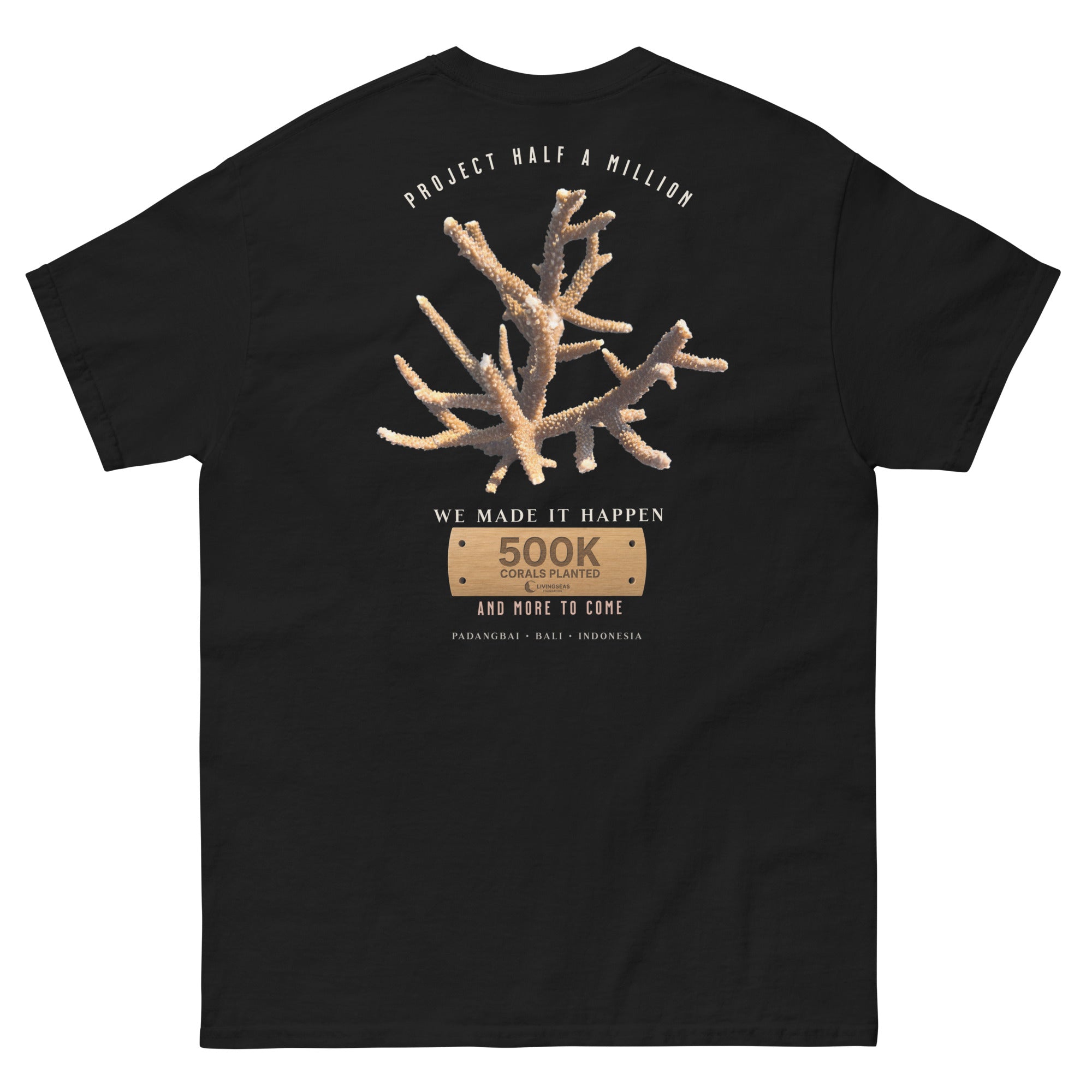 Product mockup livingseas coral restoration tshirt, project half a million, 500K corals planted, back black
