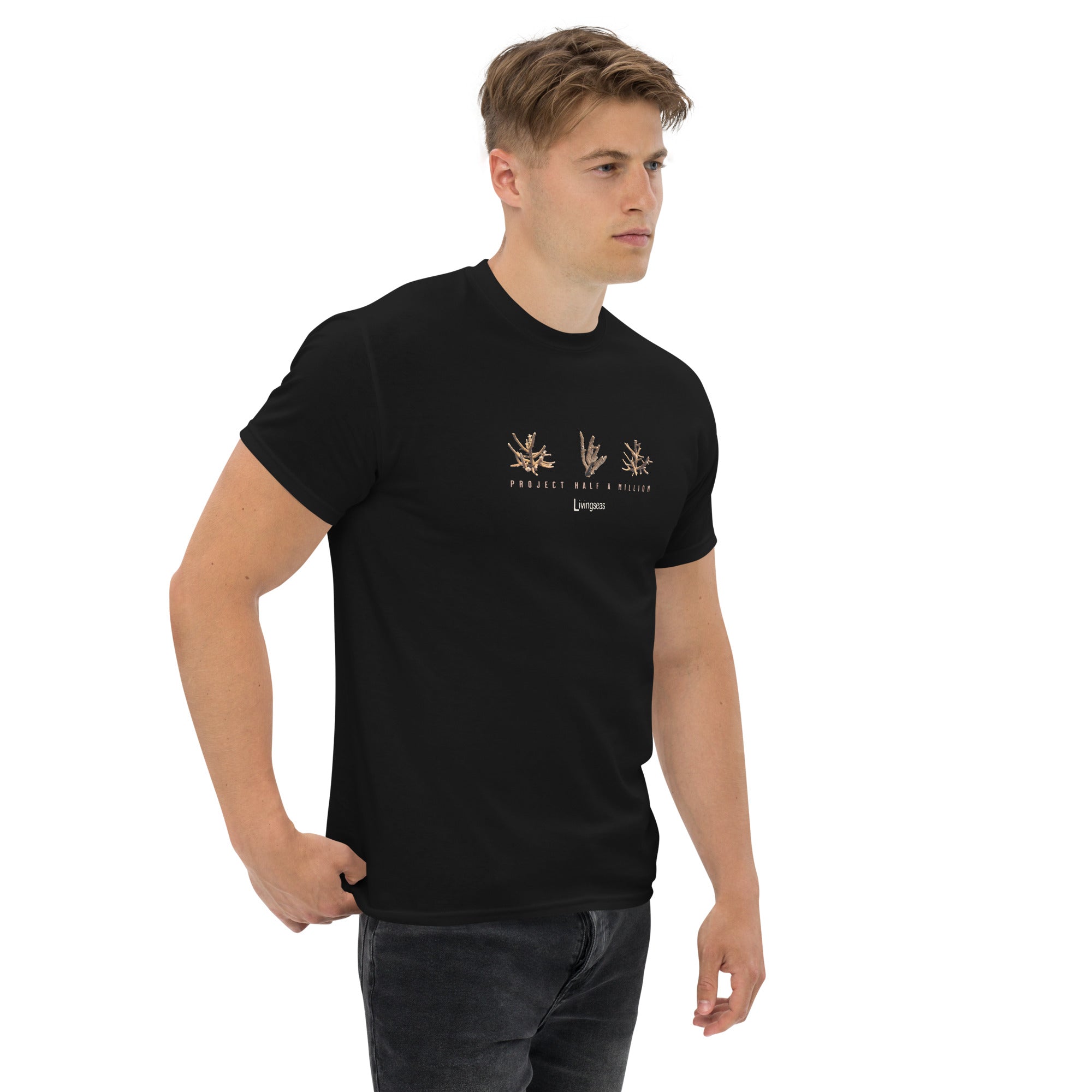 Product mockup Livingseas coral restoration tshirt, model front, 500K corals planted