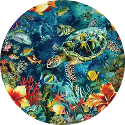 Round rug with a colorful underwater scene featuring turtles, fish, and coral.