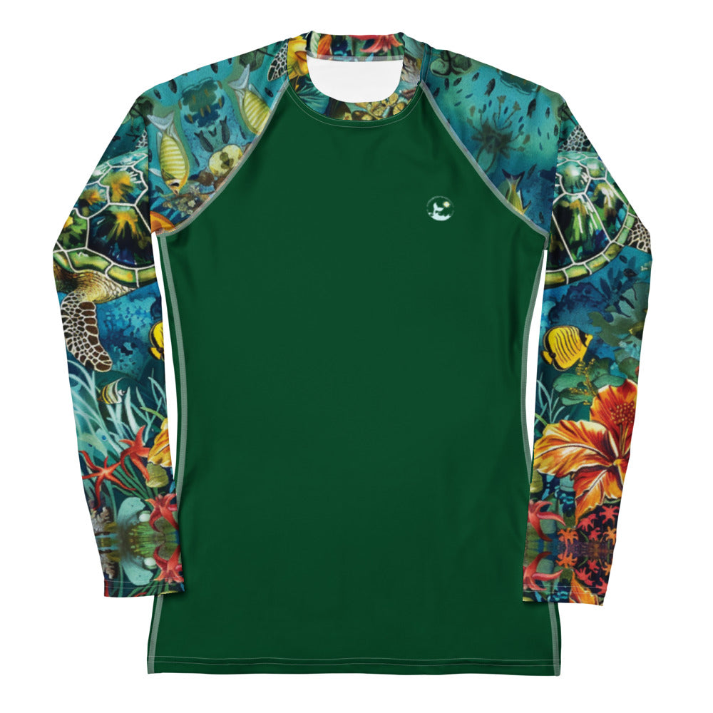 Maldives Women's Rash Guard Product Mock-Up Front.
- UV Rash Guard with Full Sun Protection UPF 50+
- Green Rash Guard with Sea Turtles and Coral Reef Print