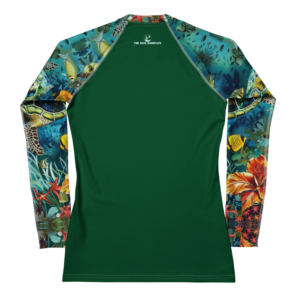 Maldives women's rash guard for scuba diving. UV rash guard with full sun protection, UPF 50+, dive skin, and sun shirt. 