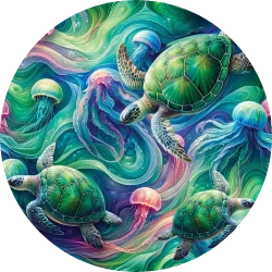 Psychedelic Turtle Swimwear Print Tile by The Dive Compass, turtle swimsuit print for scuba divers and ocean lovers