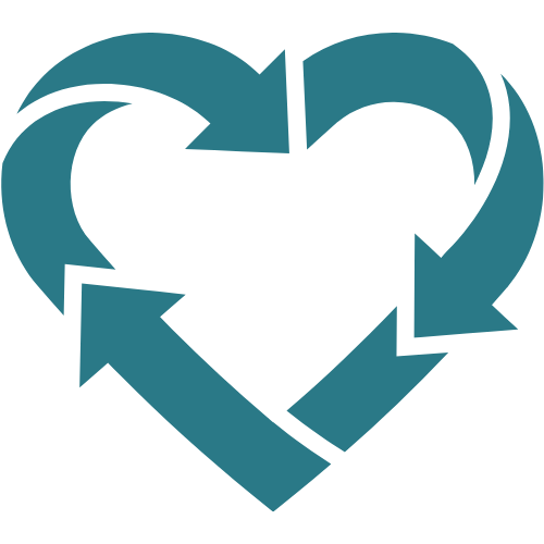 Teal recycling symbol inside a heart shape on a white background
