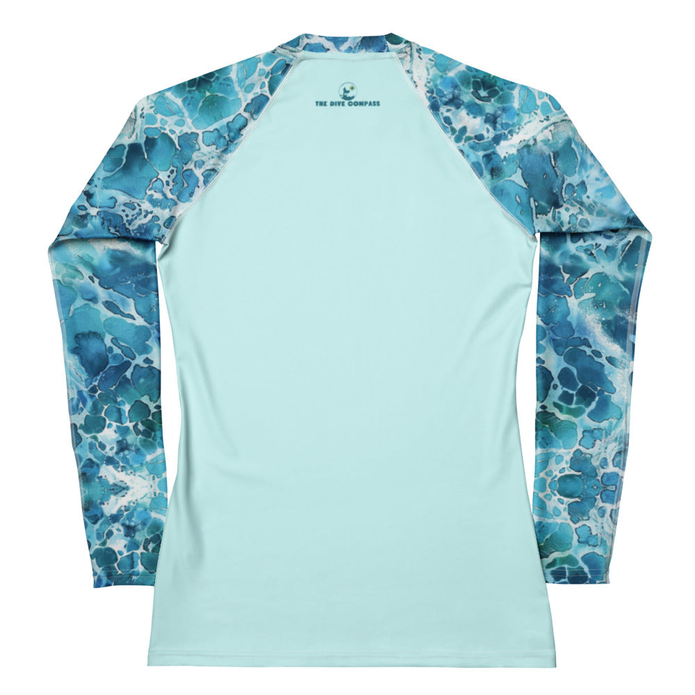 Product mockup Back-Ocean Serenity Women's Rash Guard, UV rash guard for scuba divers