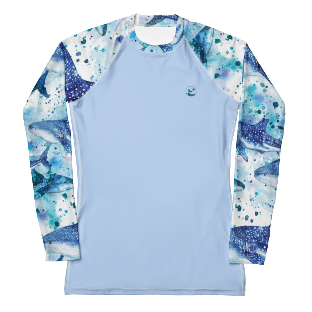 Product mockup. Whimsical whale shark women's rash guard with UPF 50+ sun protection, UV rash guard for scuba divers, sun shirts and dive skins