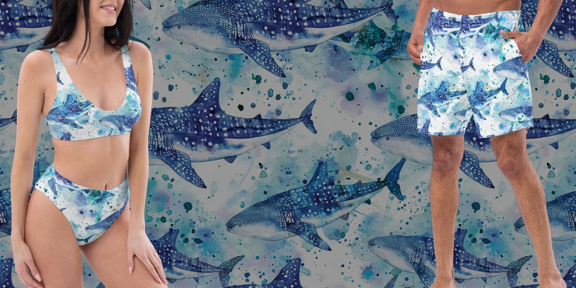 Whimsical whale shark swimmer collection by The Dive Compass. Woman is wearing a whale shark scuba bikini. Man is wearing whale shark swim trunks. 