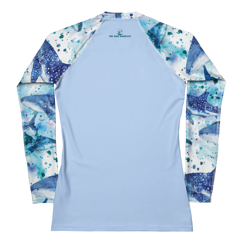 Product mockup. Whimsical Whale Shark product mock-up Whimsical Whale Shark. Women's Rash Guard for scuba divers. UV rash guard with UPF 50+ sun protection for scuba divers, dive skin, and sun shirts 