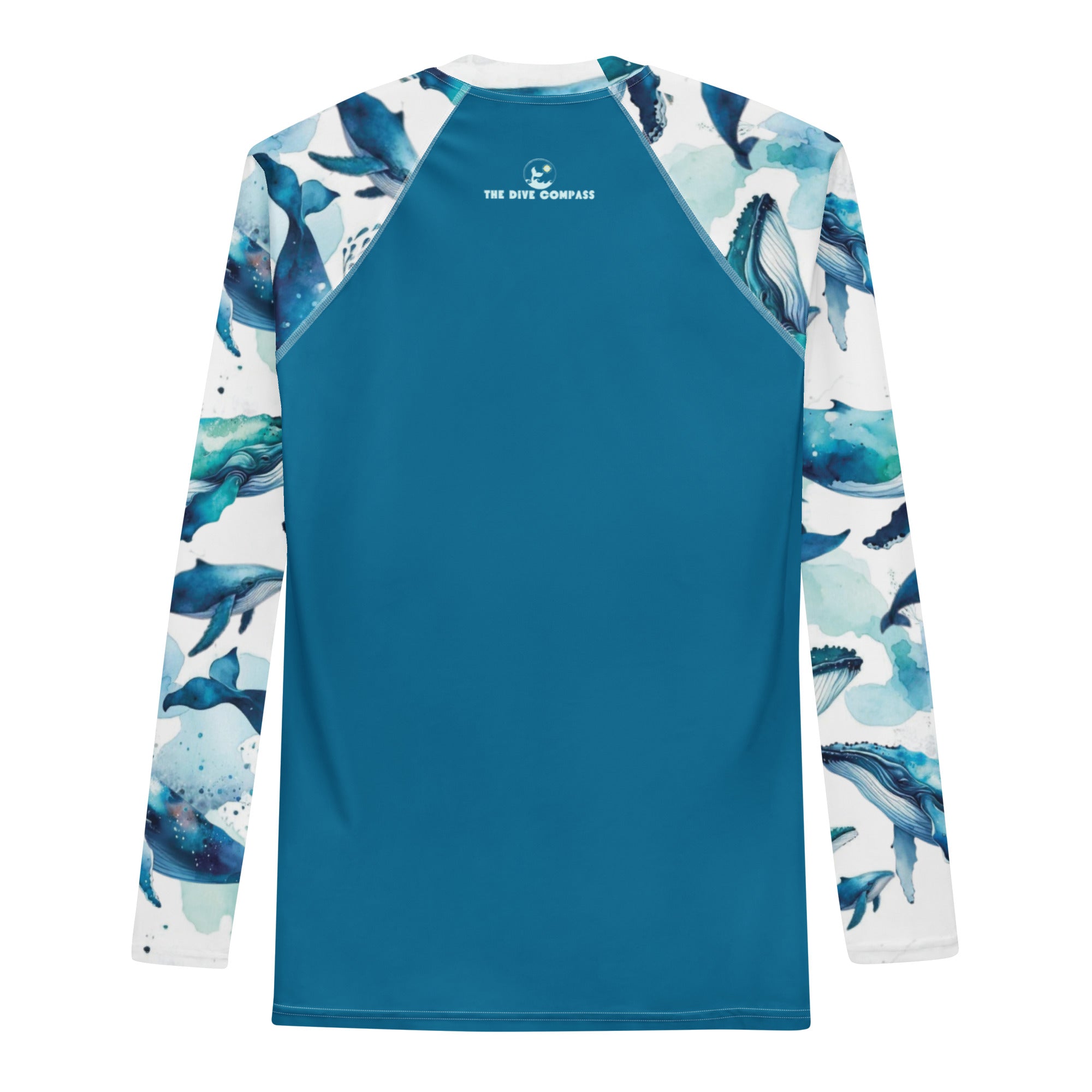 Humpback Dreams Men's Rash Guard – back view – sustainable men's rash guard in soft recycled polyester for divers