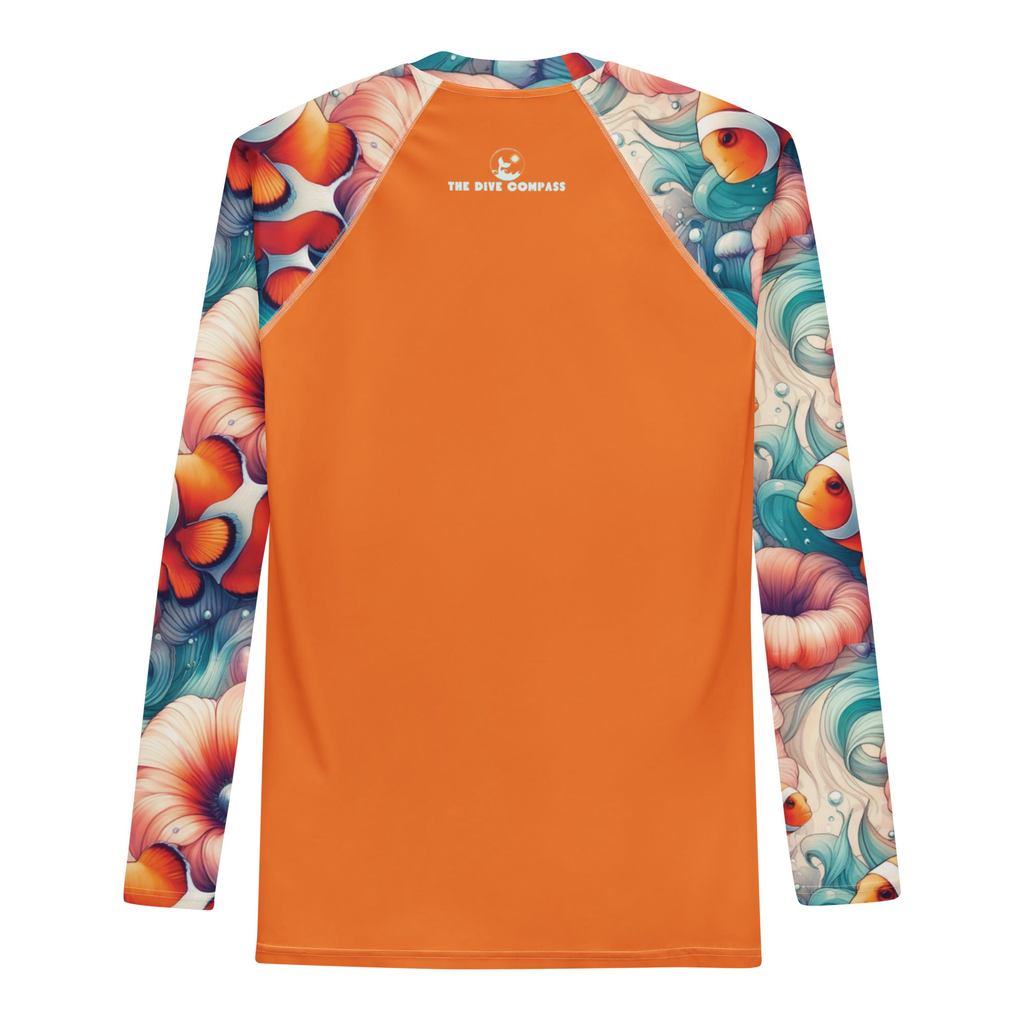 Clownfish Gardens Men's Rash Guard – back view – men's rash guard for snorkeling, freediving, and reef adventures