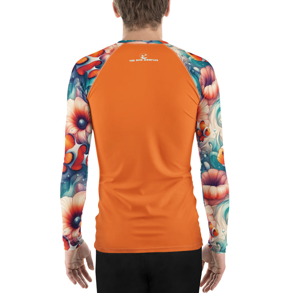 Clownfish Gardens Men's Rash Guard – back view – recycled men's rash guard for scuba diving and warm water snorkeling