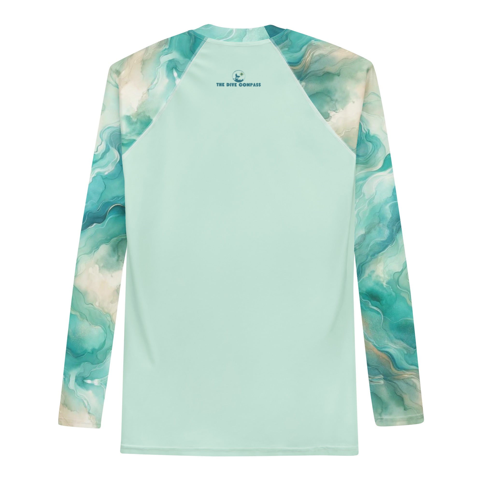 Turquoise Seas Men's Rash Guard – back view – men's rash guard for snorkeling, freediving, and reef adventures