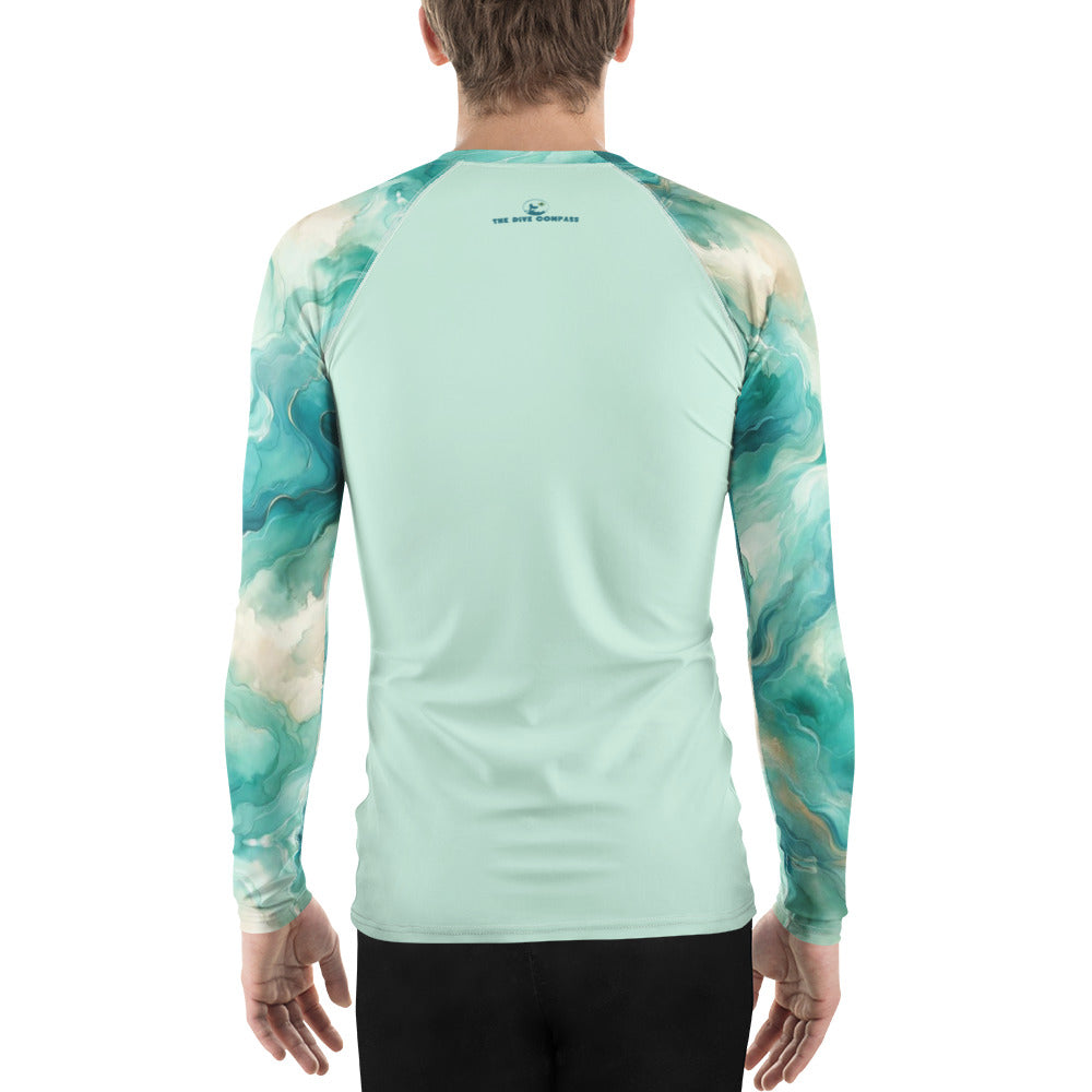 Turquoise Seas Men's Rash Guard – back view – recycled men's rash guard for scuba diving and warm water snorkeling