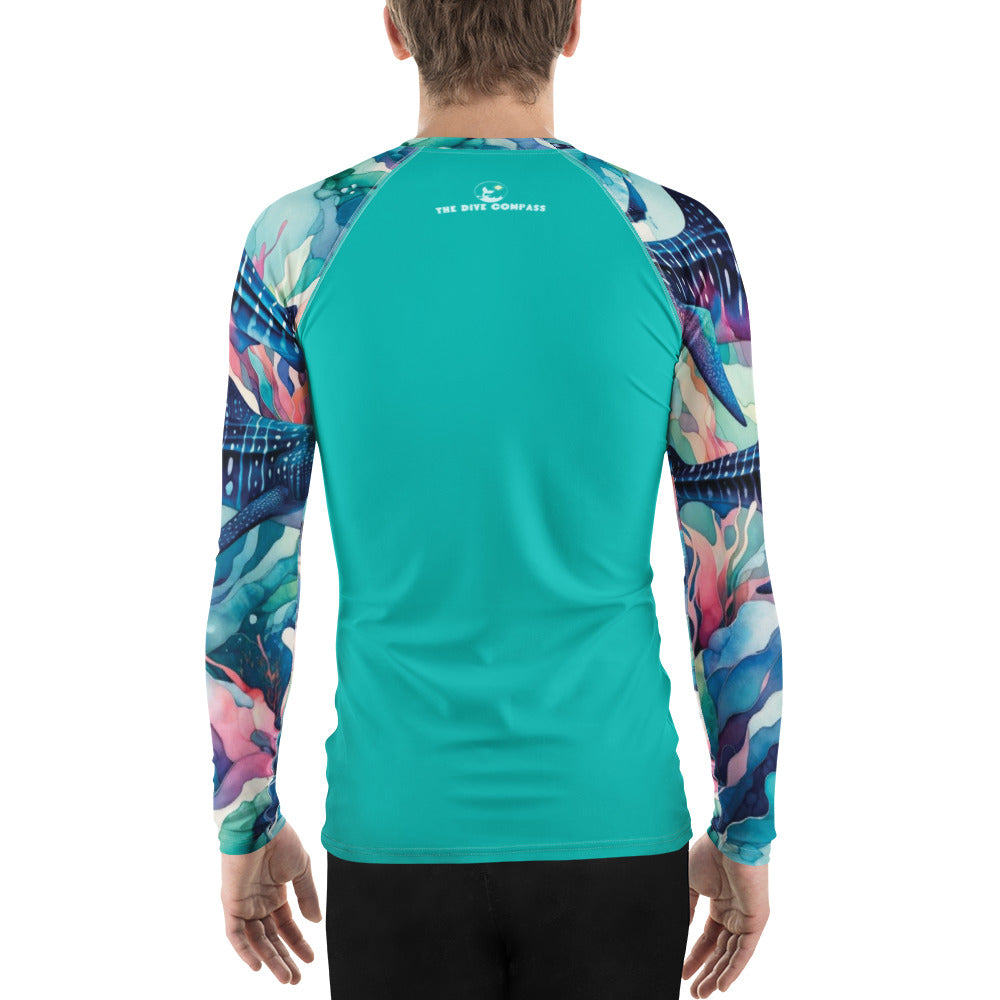 Electric Whale Shark Men's Rash Guard – back view – recycled men's rash guard for scuba diving and warm water snorkeling