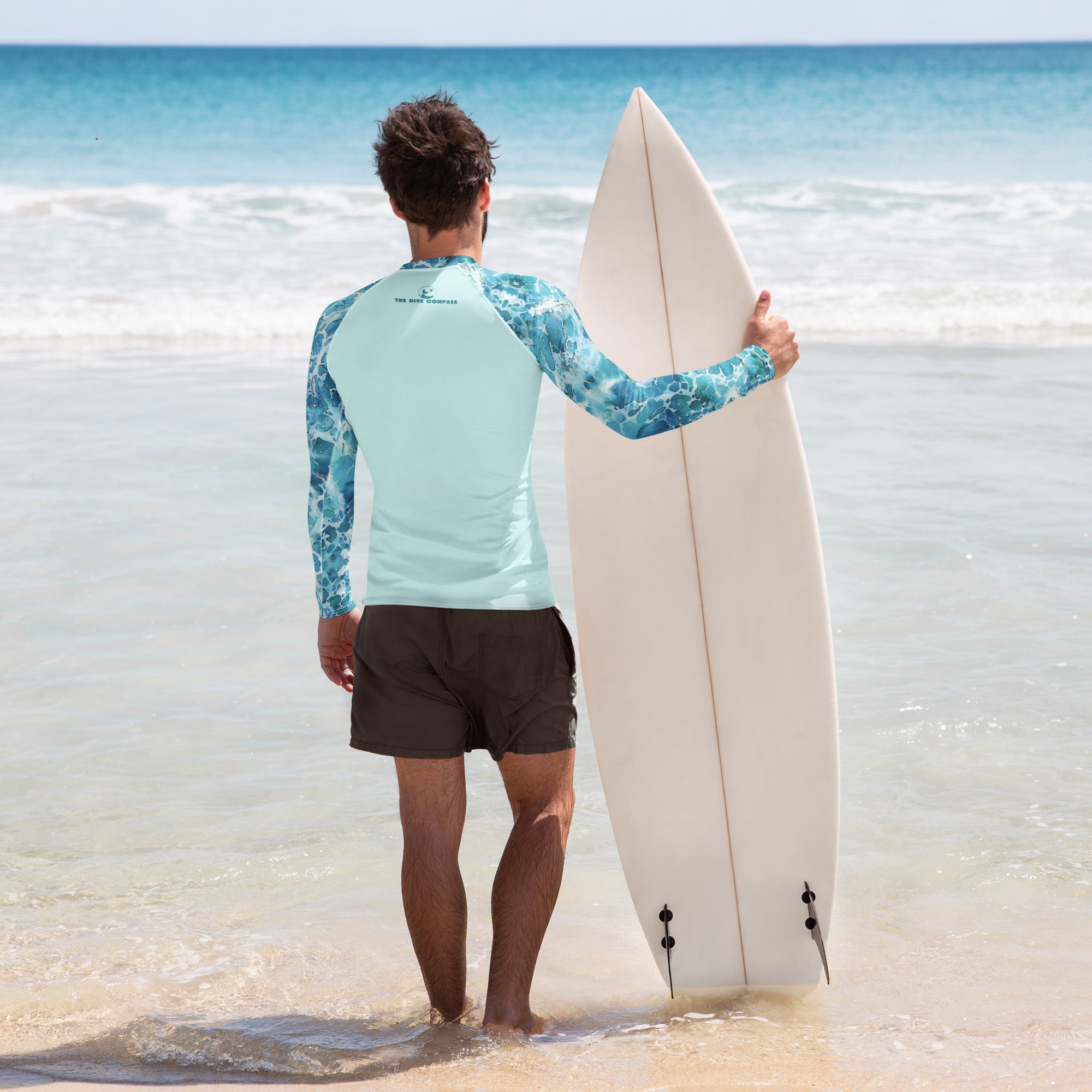 Ocean Serenity Men's Rash Guard – back view – sustainable men's rash guard in soft recycled polyester for divers