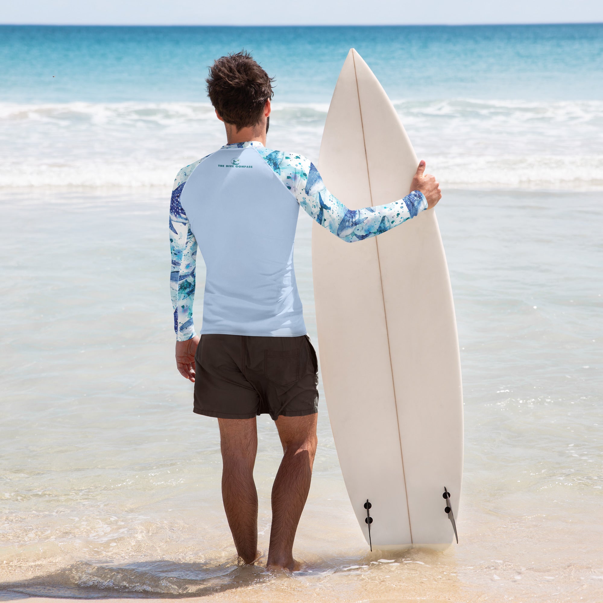 Whimsical Whale Shark Men's Rash Guard – back view – sustainable men's rash guard in soft recycled polyester for divers