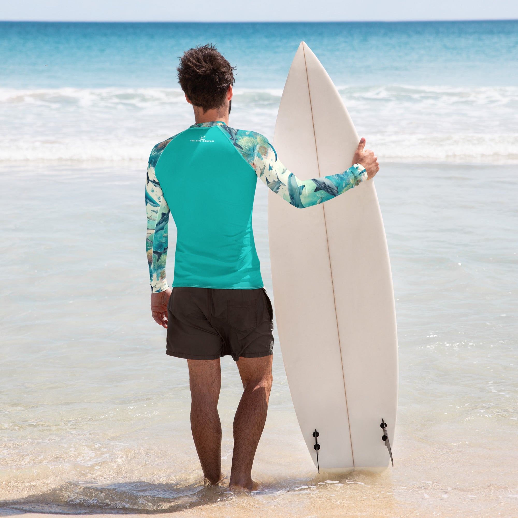 Shark Frenzy Men's Rash Guard – back view – men's rash guard for snorkeling, freediving, and reef adventures