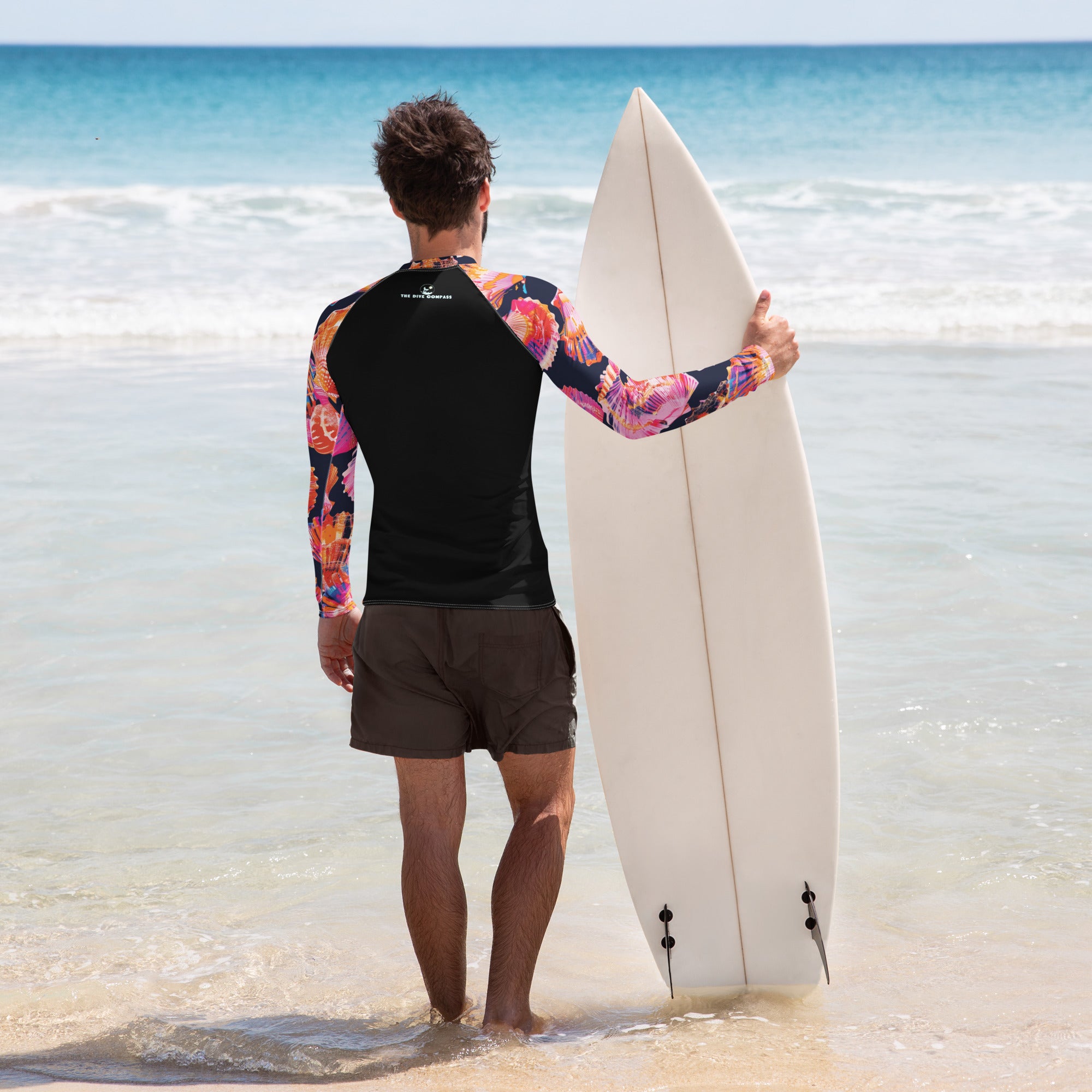 Neon Shells Men's Rash Guard – back view – men's rash guard for snorkeling, freediving, and reef adventures