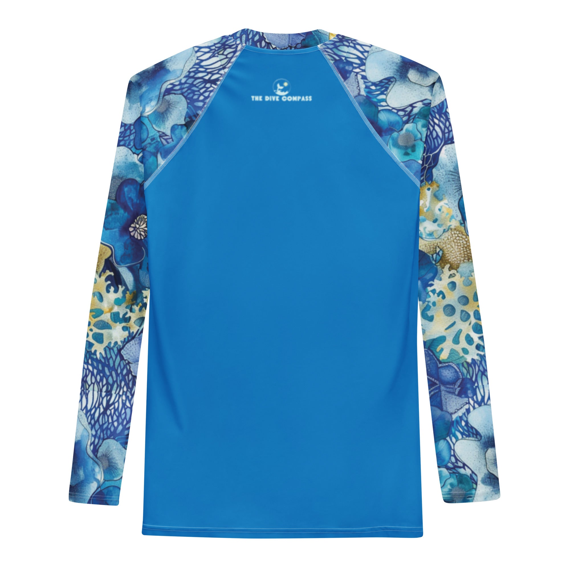 Coral Blossoms Men's Rash Guard – back view – men's rash guard that fits under a wetsuit for tropical reef diving