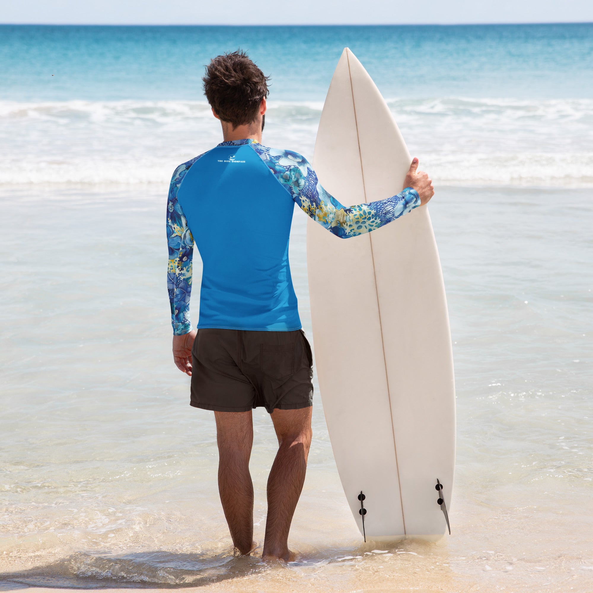 Coral Blossoms Men's Rash Guard – back view – long sleeve scuba diving rash guard for men in warm tropical waters