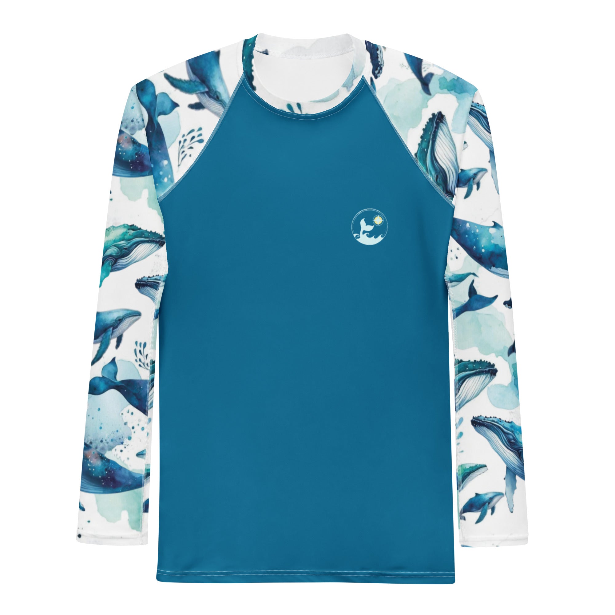 Humpback Dreams Men's Rash Guard – front view – men's rash guard that fits under a wetsuit for tropical reef diving