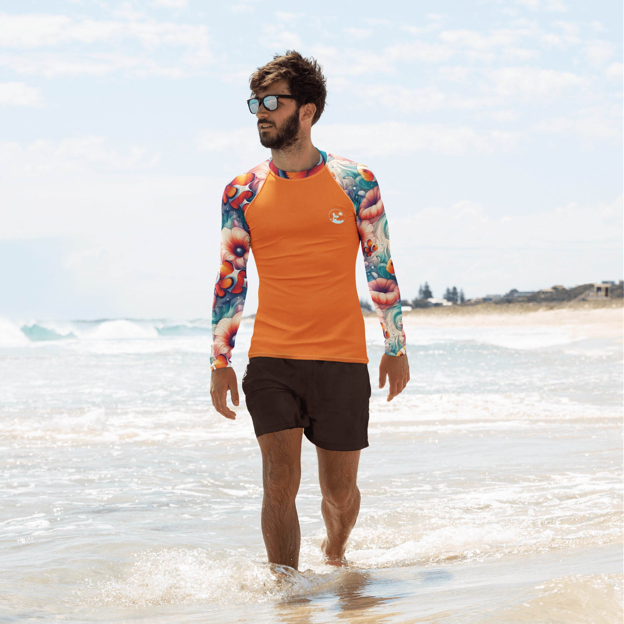 Clownfish Gardens Men's Rash Guard – front view – men's rash guard that fits under a wetsuit for tropical reef diving