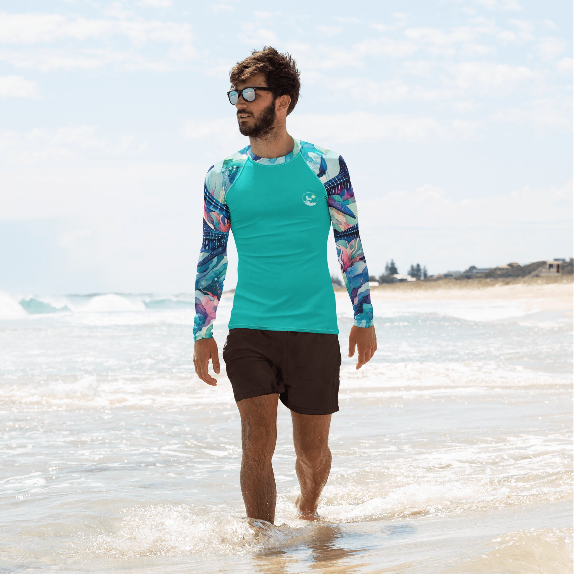 Electric Whale Shark Men's Rash Guard – front view – men's rash guard that fits under a wetsuit for tropical reef diving