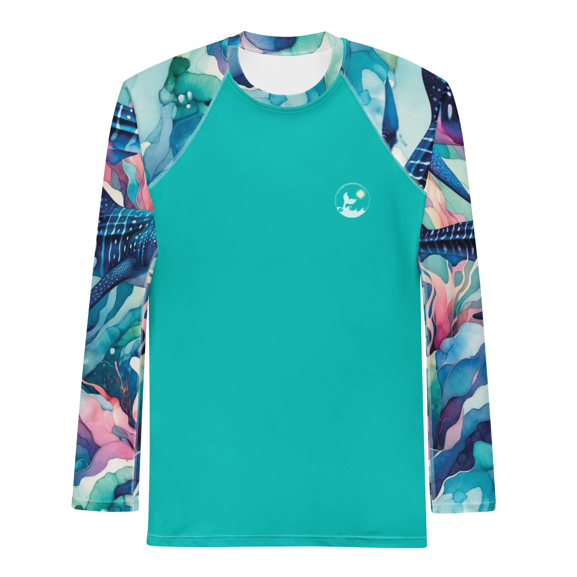 Electric Whale Shark Men's Rash Guard – front view – long sleeve scuba diving rash guard for men in warm tropical waters