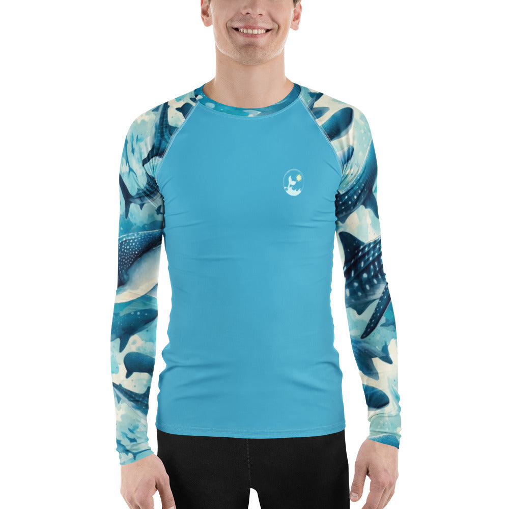 Whale Shark Blues Men's Rash Guard – front view – men's rash guard with UPF 50+ sun protection for scuba diving