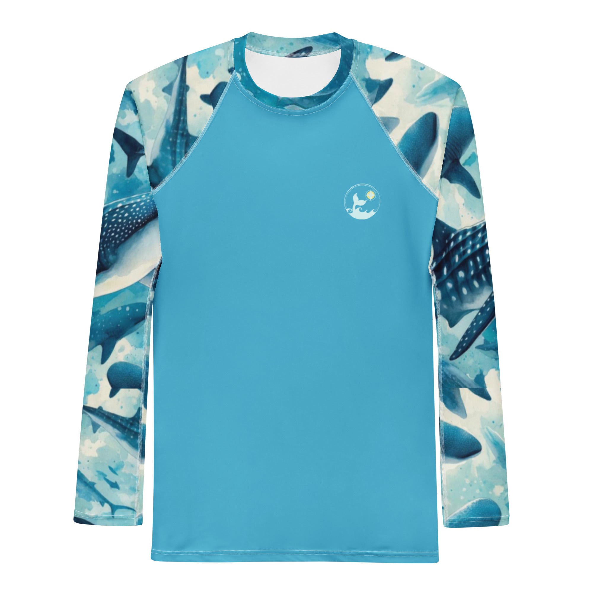 Whale Shark Blues Men's Rash Guard – front view – men's rash guard that fits under a wetsuit for tropical reef diving