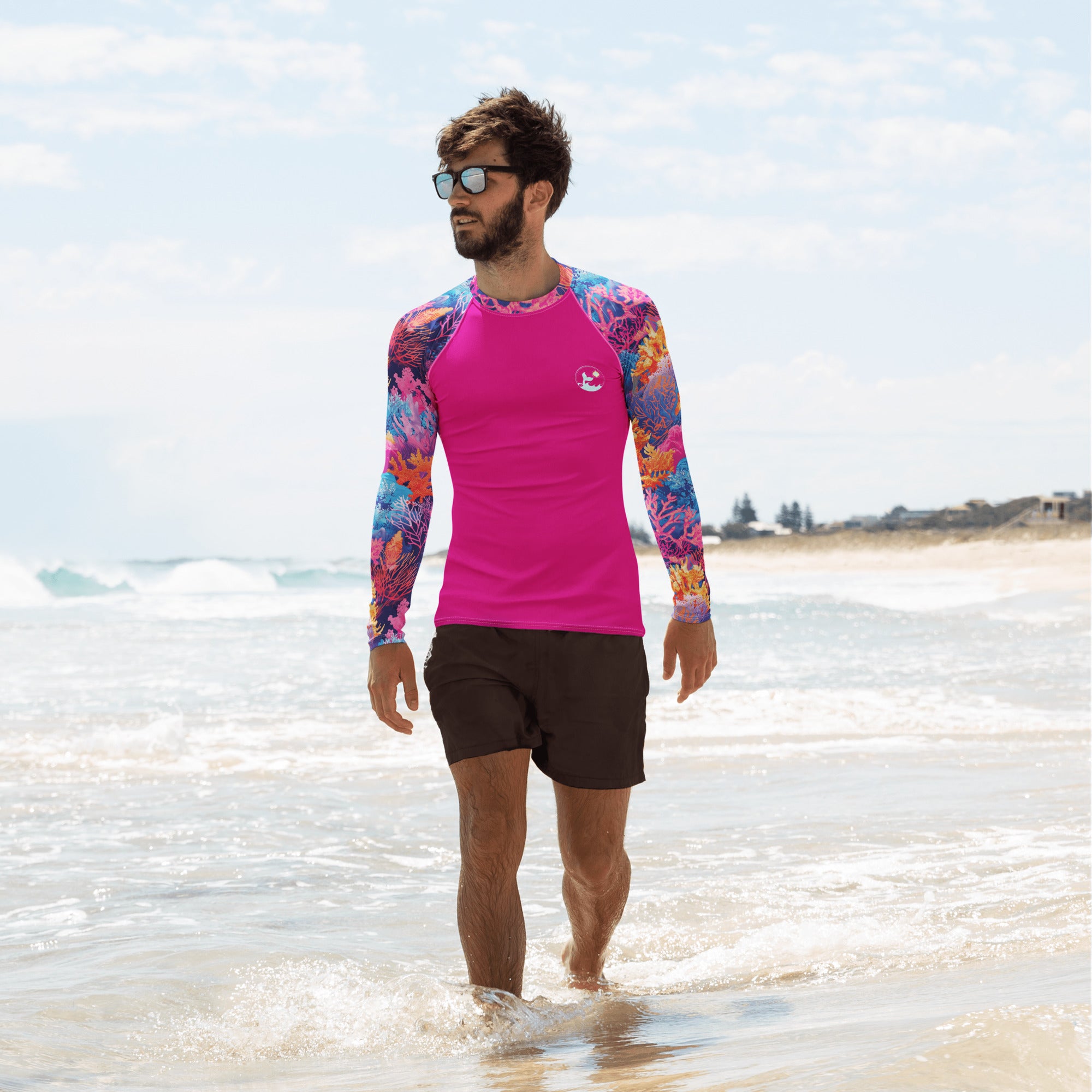 Fire Corals Men's Rash Guard – front view – long sleeve scuba diving rash guard for men in warm tropical waters