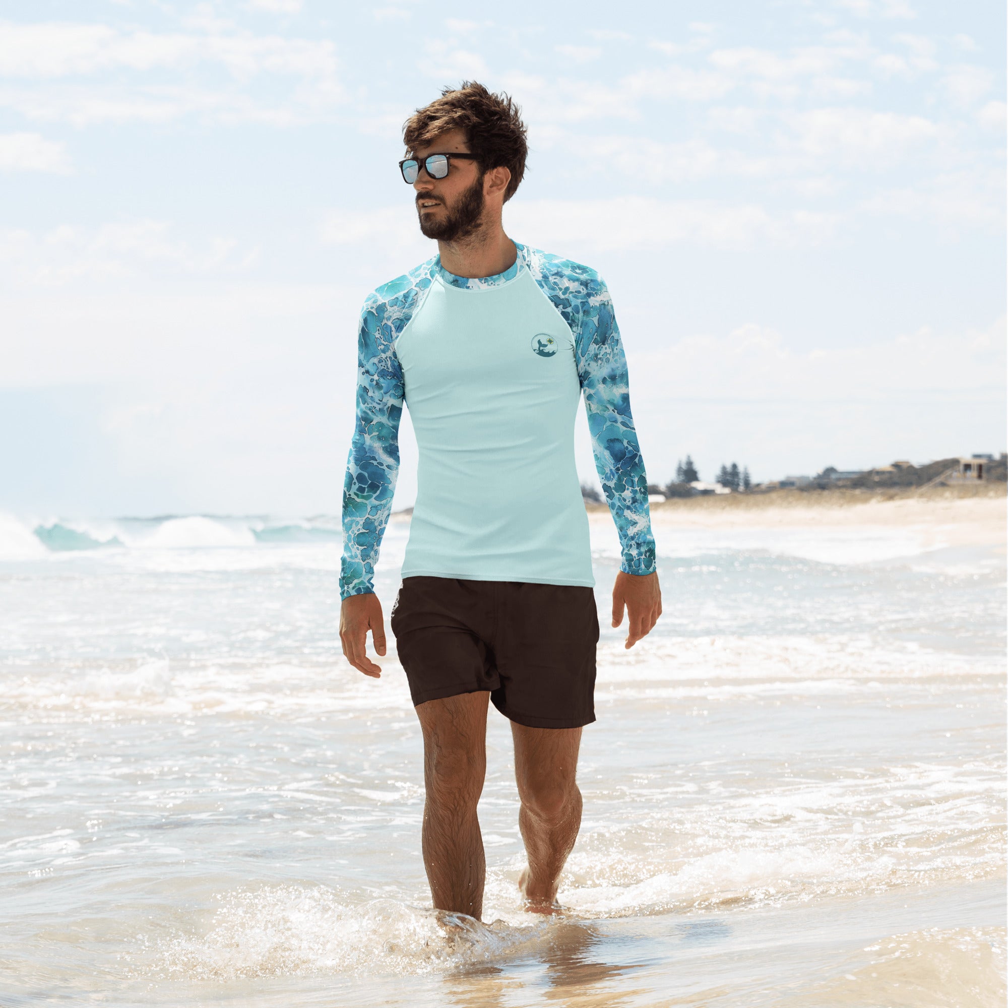 Ocean Serenity Men's Rash Guard – front view – men's rash guard that fits under a wetsuit for tropical reef diving