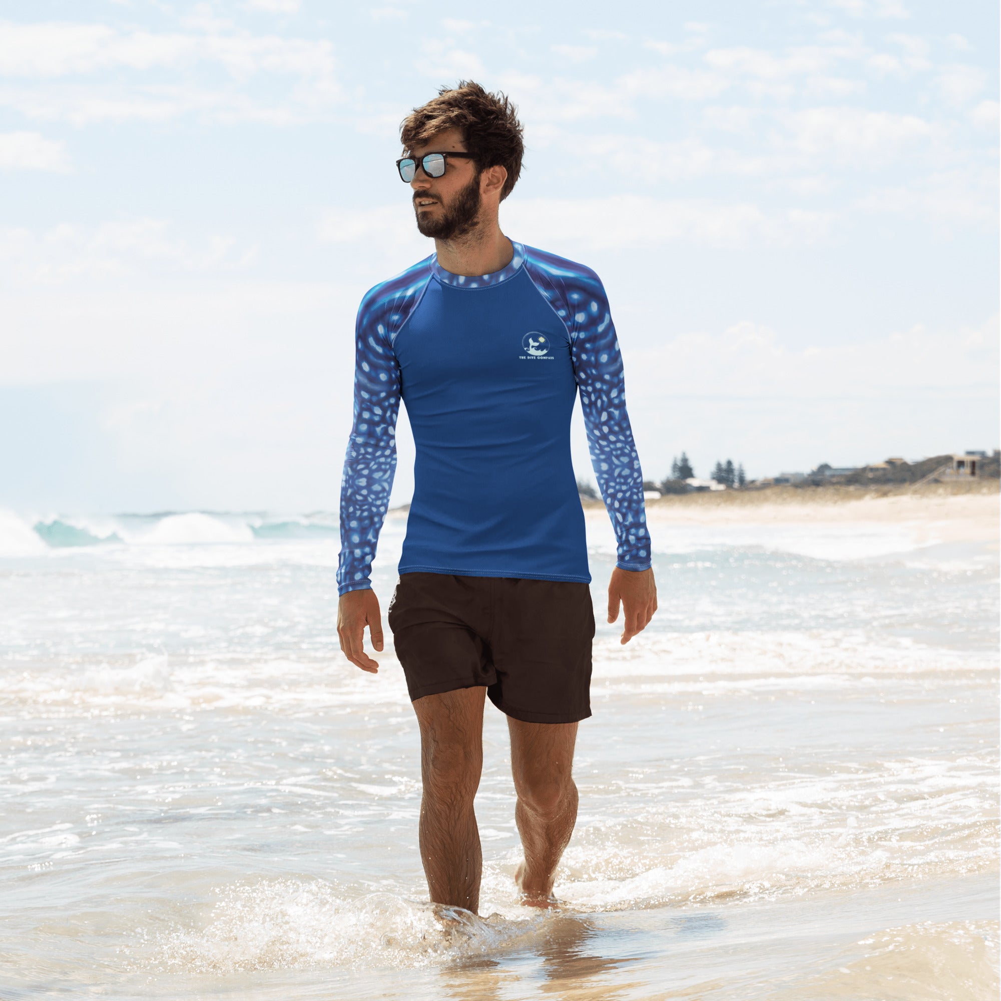 Whale Shark Constellation Men's Rash Guard – front view – long sleeve scuba diving rash guard for men in warm tropical waters