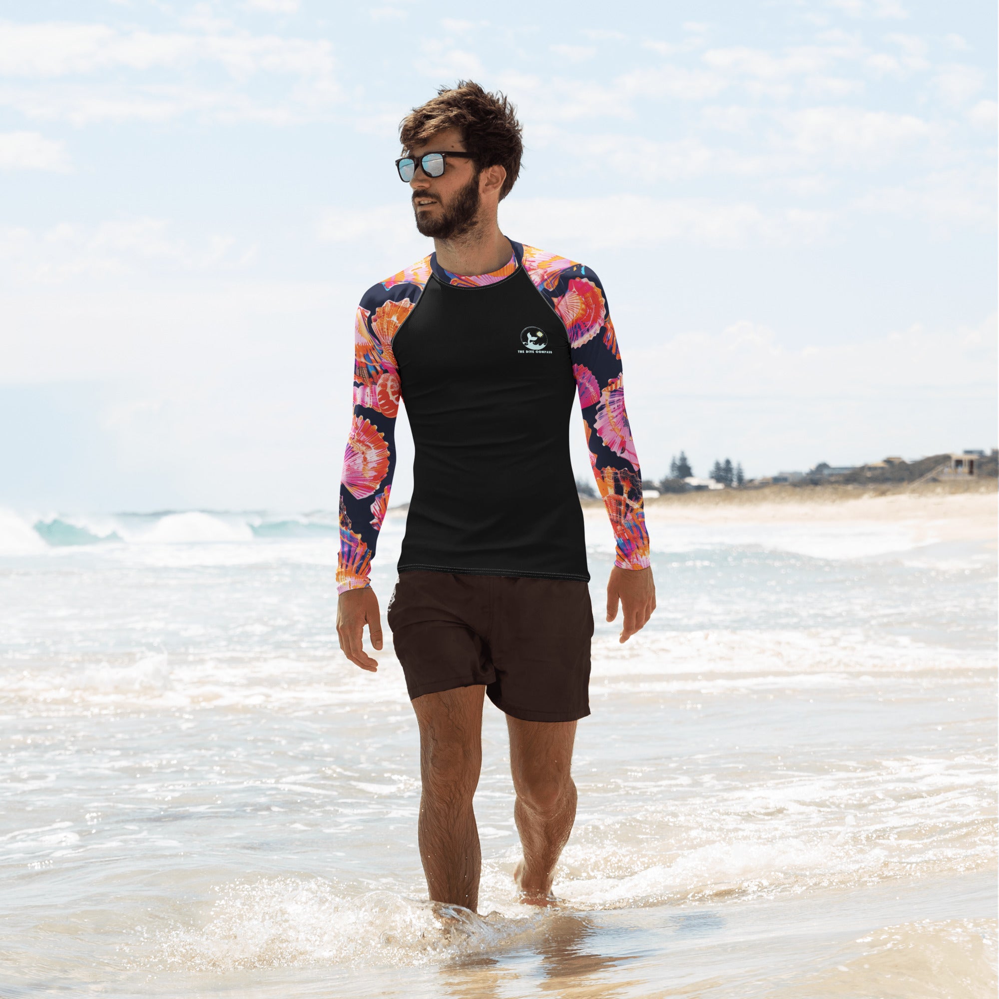 Neon Shells Men's Rash Guard – front view – long sleeve scuba diving rash guard for men in warm tropical waters