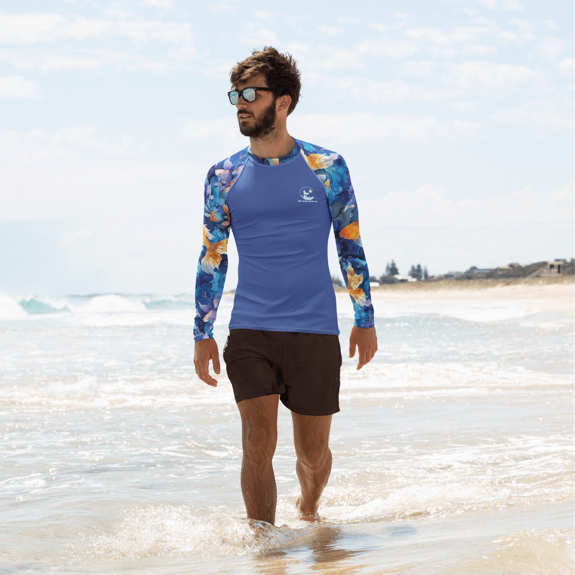 Jasmine Koi Men's Rash Guard – front view – long sleeve scuba diving rash guard for men in warm tropical waters