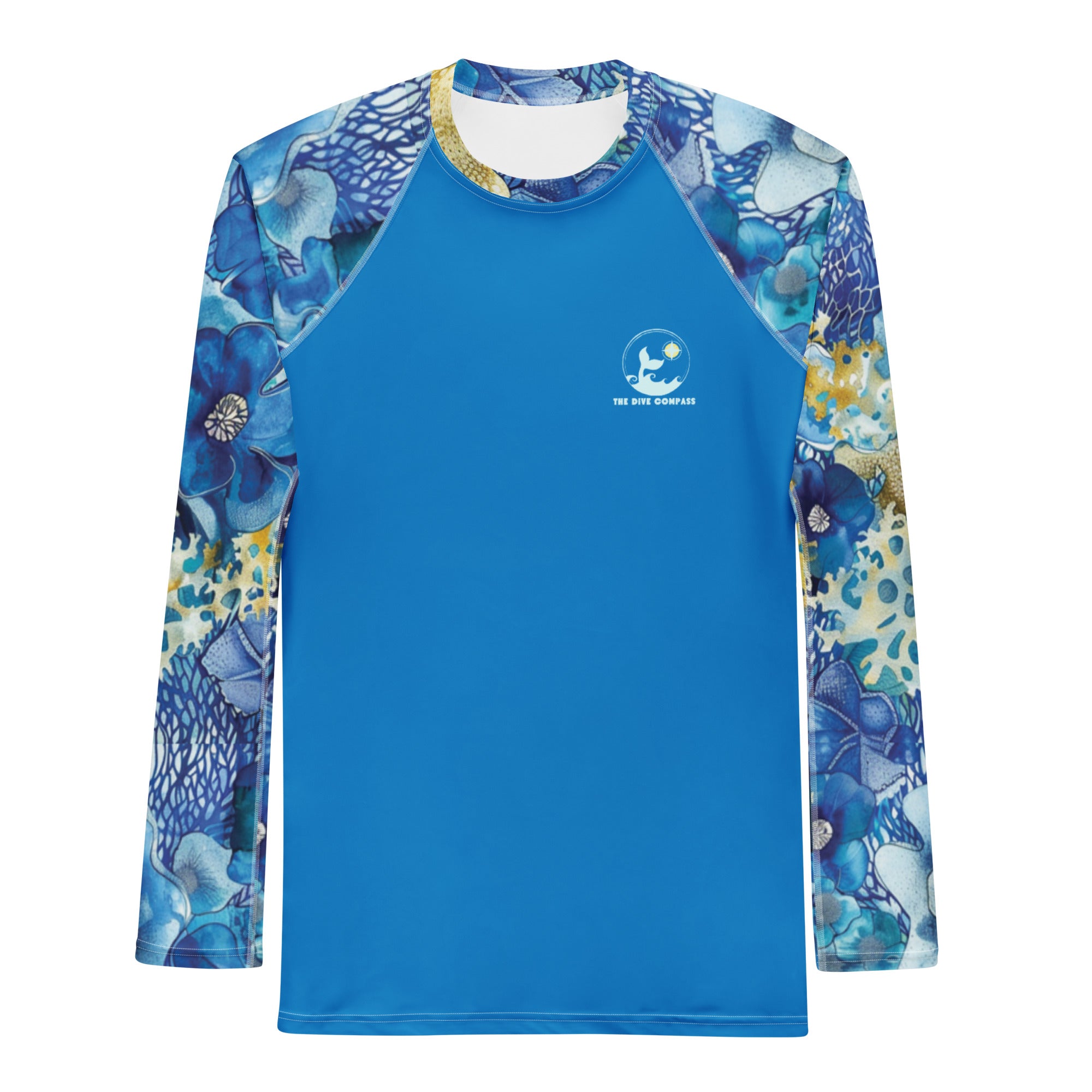 Coral Blossoms Men's Rash Guard – front view – sustainable men's rash guard in soft recycled polyester for divers