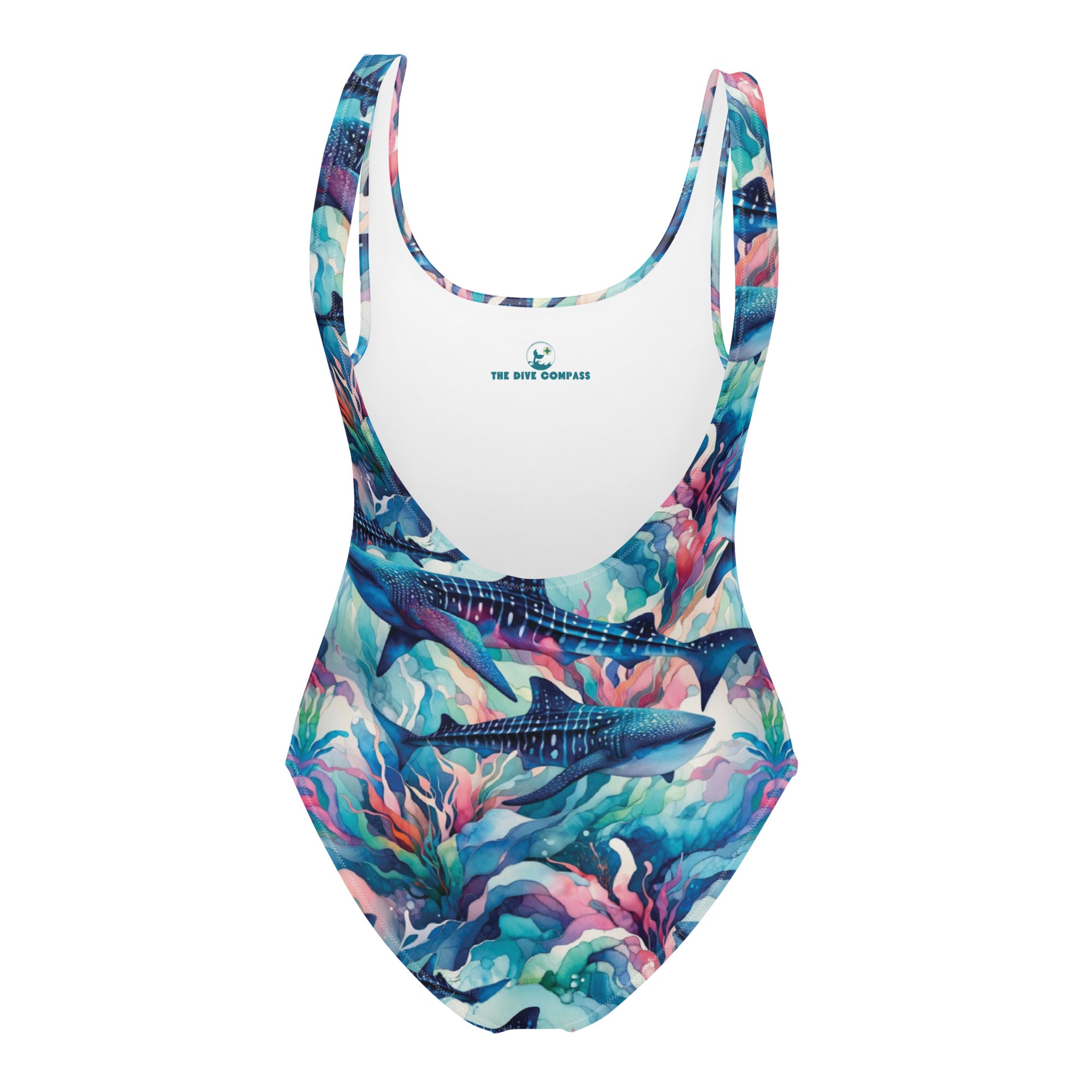 Electric Whale Shark One-Piece Swimsuit – back view – diving one piece swimsuit for warm water scuba and reef snorkeling